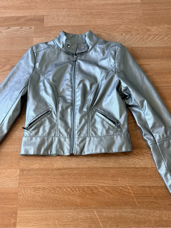 therapy Silver Metallic Faux Leather Varsity Jacket - Image 4