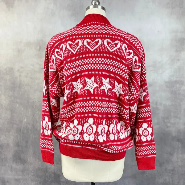 Vintage Fair Isle Sweater Womens M/L Hearts Stars Flowers Indie Nordic Cabin USA - Image 4