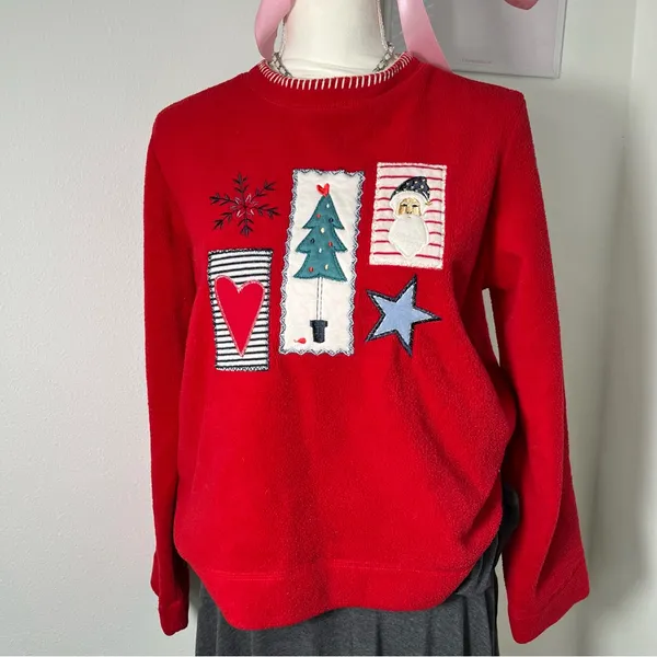 White Stag Vintage 90s Christmas Cottage Grandma Fleece Patchwork Sweater Womens‎ Small - Image 2
