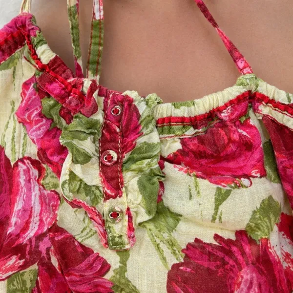 Abercrombie‎ & Fitch Floral Halter Romper Women M Pink Red Rose Pockets - Image 7