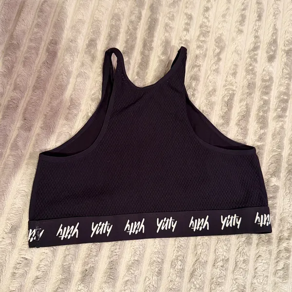 Yitty by Lizzo Black High Neck Wrap Front Mesh Back Logo Band Sports Bra - Image 4