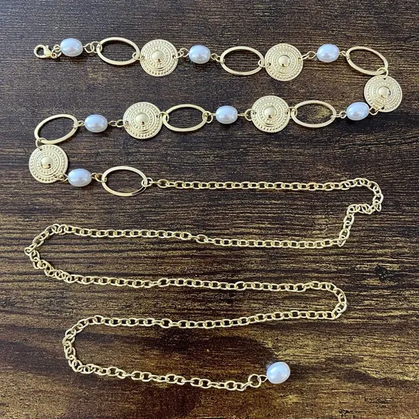 Gold Y2K Faux Pearl Coin Medallion Chain Belt, Fits 17 to 43.5 Inches, X7GA1310 - Image 5