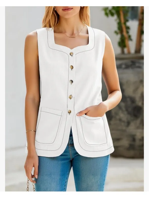 NEW Cream Square Neck Denim Vest Button Down Sleeveless Jean Waistcoat M - Image 3