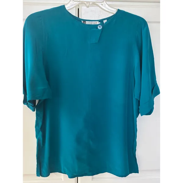 SK & Company Teal Blue 100% Silk Short Sleeve Asymmetrical Button Blouse Size 8 - Image 2