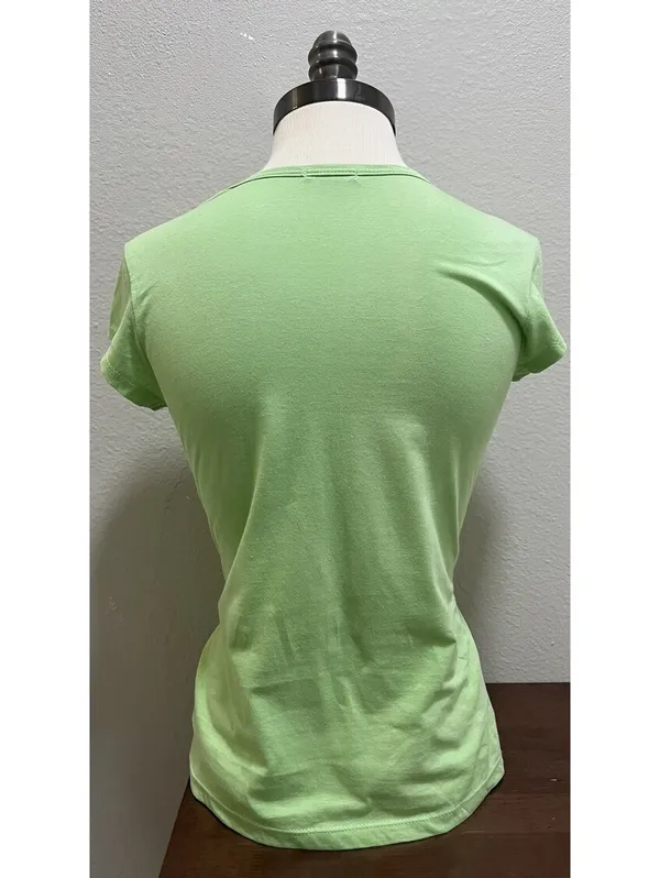 Y2K Lola V-Neck Green T-Shirt Slim Top Silver Graphic VTG L - Image 3