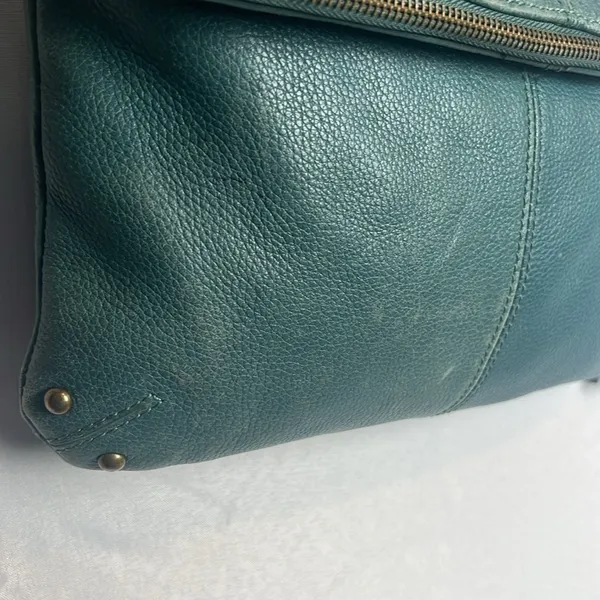 Lucky Brand Teal Leather Foldover Crossbody Hobo Bag Boho Fringe Distressed - Image 9