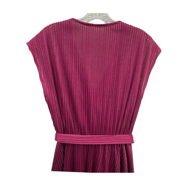 Vintage‎ Women's Plunging V Neck Wrap Midi Dress Metallic Belted Pleated Pink S - Image 4