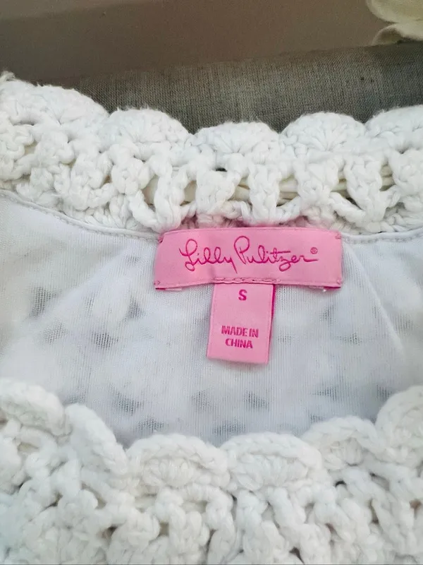 Lilly Pulitzer White Crochet Halter Tie Neck Cotton Midi Sheath Dress Size Small - Image 7