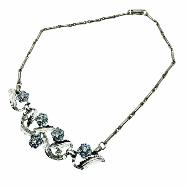 Vintage Blue Rhinestone Floral Leaf Statement Necklace Silver - Image 6