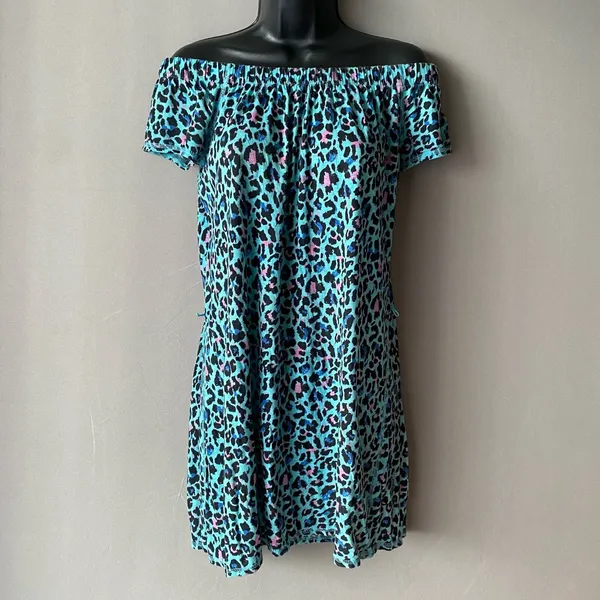 Vintage‎ Beach XS Teal Pink Leopard Off Shoulder Mini Dress Animal Print Summer - Image 2