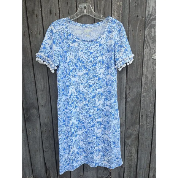 Lilly pulitzer lissie 100% pima cotton pom pom dress blue white foxes sz M - Image 3