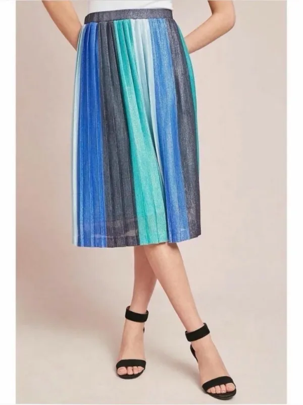 Maeve Anthropologie Sunburst Metallic Blue Pleated Midi Skirt Paneled Patchwork - Image 3