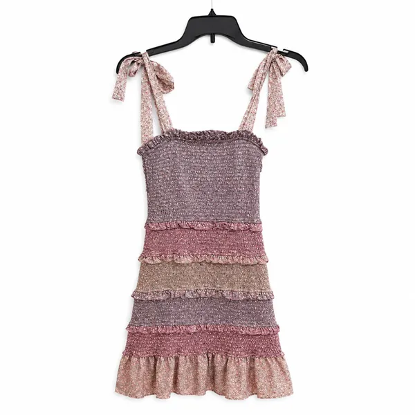 Storia Smocked Ruffle Mini Dress Bow Coquette Cottagecore Fairy S Pink Purple - Image 2