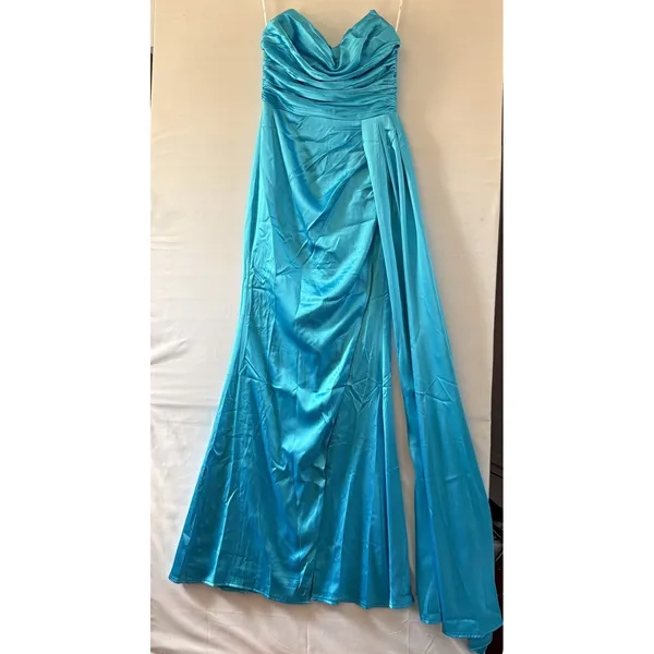 Lulus Turquoise Blue Satin Strapless Ruched Maxi Dress HD2848 Prom Gown - Image 2