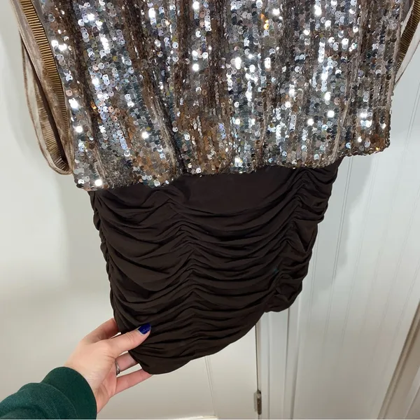 Alberto Makali Vintage Y2K Brown‎ Sequin Ruched Stretchy Blouse Shirt Tunic Top - Image 4