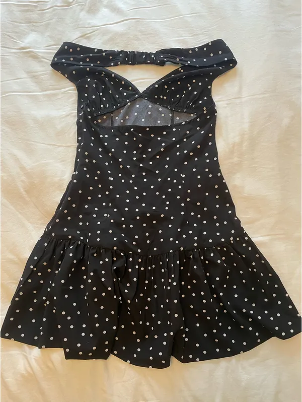 Lucy in the Sky Polka Dot Off Shoulder Drop Waist Dress in Black - Image 4