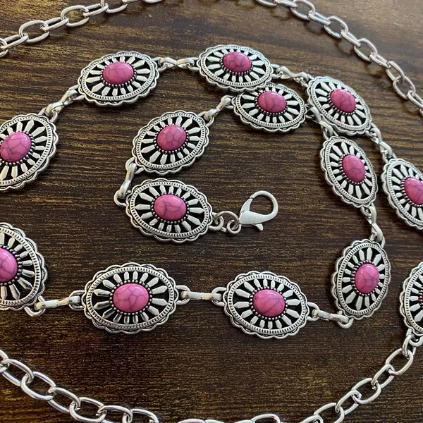 Silver Y2K Pink Stone Concho Waist Chain Belt, Fits 24.5-42.5 Inches, X7GA1298 - Image 7