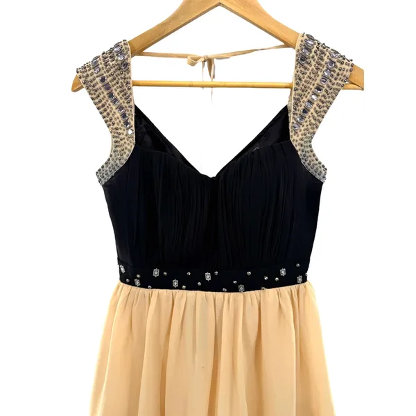 Little Mistress Black‎ Beaded Cap Sleeve Skater Dress Peach Chiffon Skirt - Image 2