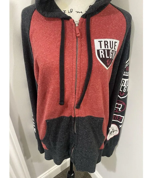 Unisex Raglan True Religion Sz M Red Zip Up Hoodie Sweatshirt - Image 6