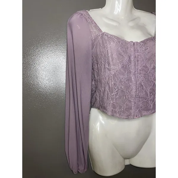 Kirious Blouse Womens Medium Purple Lace Square Neck Long Sleeve Cropped Top - Image 3
