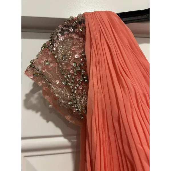 MAC DUGGAL Size 16 Coral Gown Wedding Formal Ball Gown Pleated Bodice Sequins - Image 5