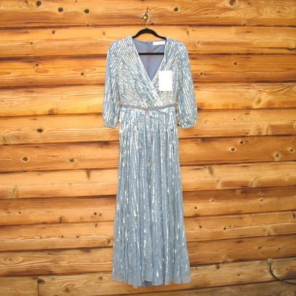 Mac Duggal Size 4 Blue Sequin Wrap Over 3/4 Sleeve Maxi Dress Gown - Image 4