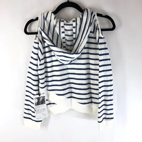 Nowadays Womens Sweatshirt Cold Shoulder Hooded Asymmetric Striped Blue White L - Image 2