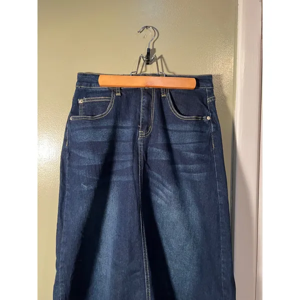 Womens Sz 8 Maxi Denim Skirt Dark Wash Slit Back Stretch Cotton Jeans High Waist - Image 2