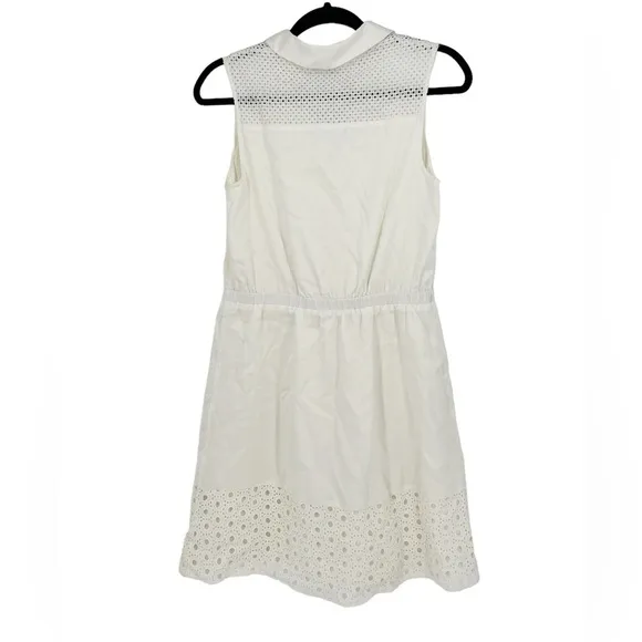 Elle White Eyelet Cotton Shirtdress Sleeveless Button Down Drawstring‎ Mini Sz S - Image 3