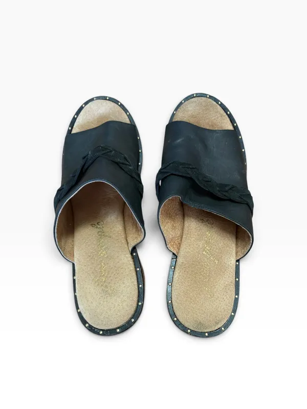 Free people size 38 8 chunky leather Black Braided Open-Toe Clog Mules - Image 6