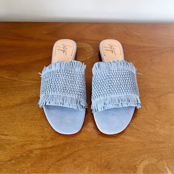 Latigo • Anthropologie Sofie Fringed Slide Sandal woven mules flat blue suede - Image 2