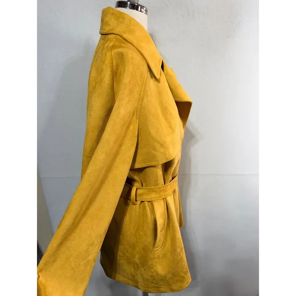 Marc New York Trench Coat Faux Suede Belted Double Breasted M Mustard Yellow - Image 8
