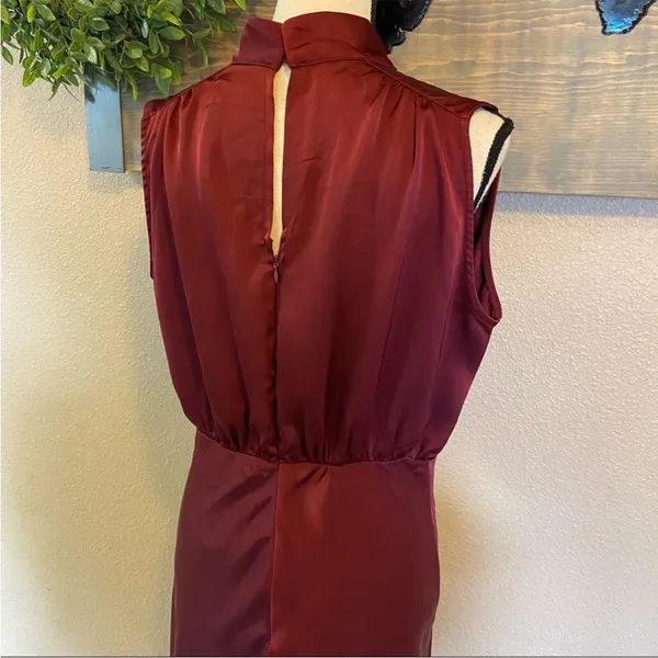 Lulus Classic Elegance Wine Satin Sleeveless Mock Neck Maxi Dress - Image 9