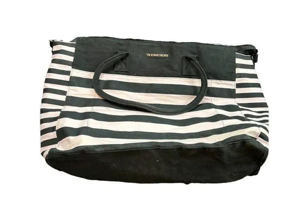 Victoria's Secret Black & White Striped Canvas Tote Bag With Handles - Image 11