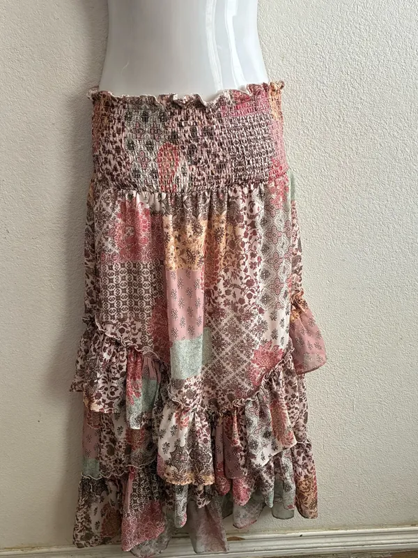 Life Boho Patchwork Ruffle Convertible Dress/Skirt Blush Multi L Pink Size L - Image 8