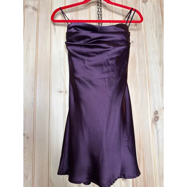 NWT Lulus Luxe Simplicity Dark Plum Satin Lace-Up Mini Dress Party Gala Size M - Image 2