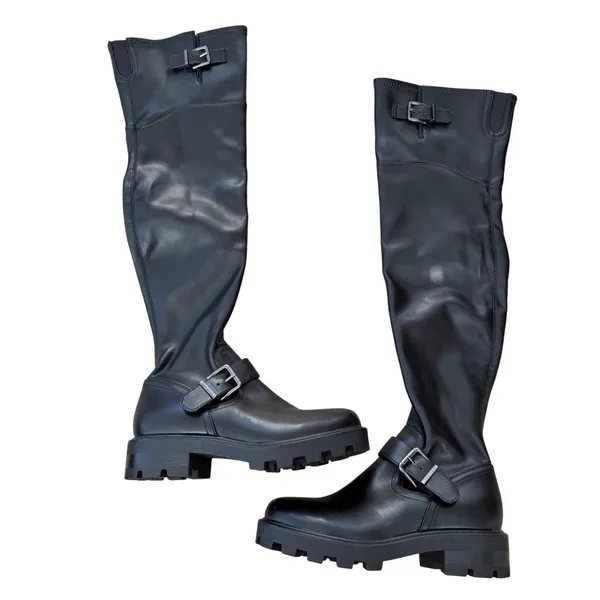 Marc fisher LTD Over The Knee Lug Sole Moto Boots Black Buckle Size 5.5 Side Zip - Image 2