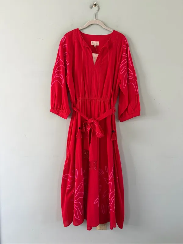 NWT Ciebon Eliza Embroidered Red Gauze Cotton A-Line Tropical Boho‎ Midi Dress - Image 3
