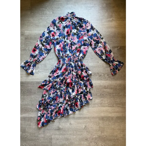 Misa Los Angeles Savanna Floral Asymmetrical Ruffle Layer Dress Size M Mock Neck - Image 12