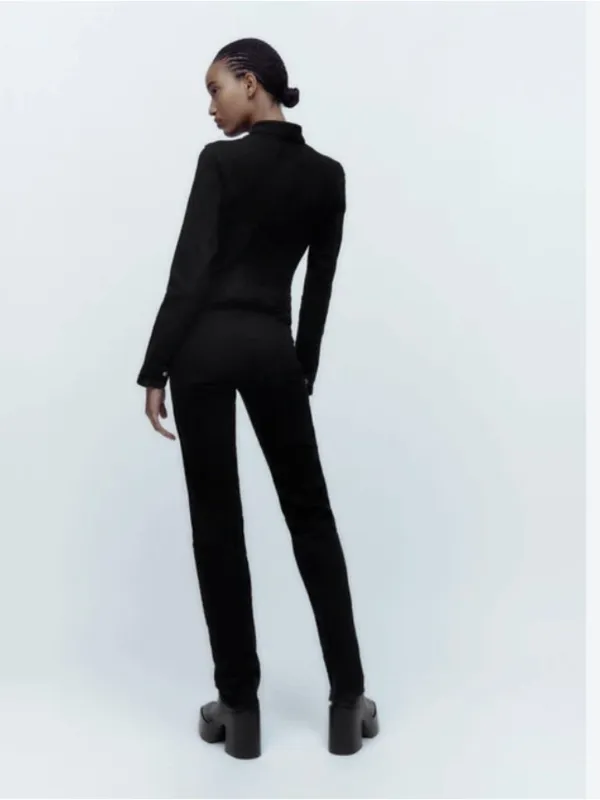 NWT ZARA Black Zip Denim Jumpsuit Long Sleeve Moto Utility XS 8197/247 Stretch - Image 5