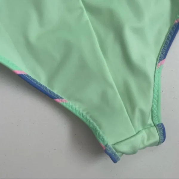 Fabletics Swimsuit Leotard Striped Tie Front Back Scoop Back Green Blue Pink - Image 12