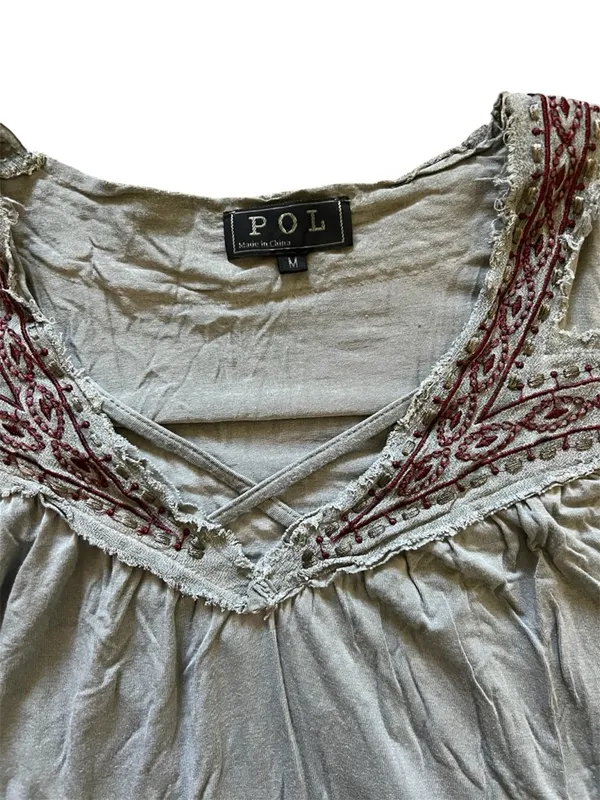 POL Women’s Sage Green Lace Trim Bell Sleeve Peasant Top | Medium - Image 3