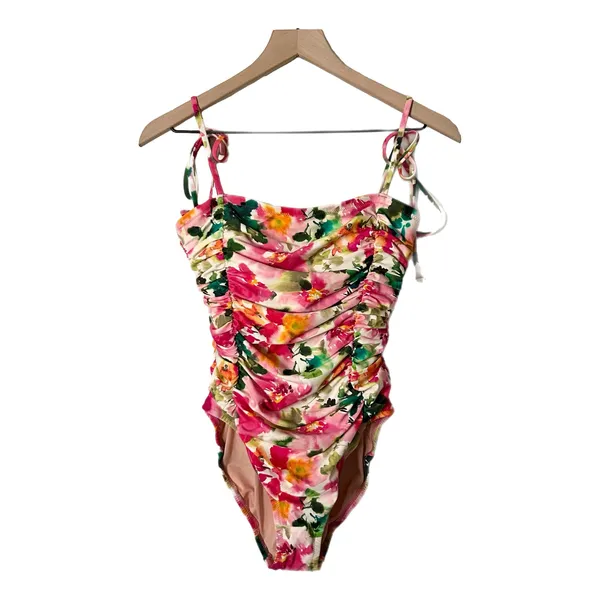NEW J.Crew One-Piece Ruched Swimsuit Floral Pink Tie Shoulder Size 6 - Image 2