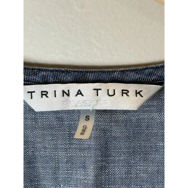 Trina Turk Wrap Top Womens Small Blue Chambray Fringed Belted Tunic - Image 4