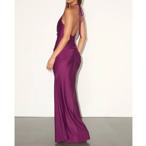 NEW Lulus Zaniya Plum Ruched Halter Open Back Jersey Mermaid Maxi Dress Large - Image 6