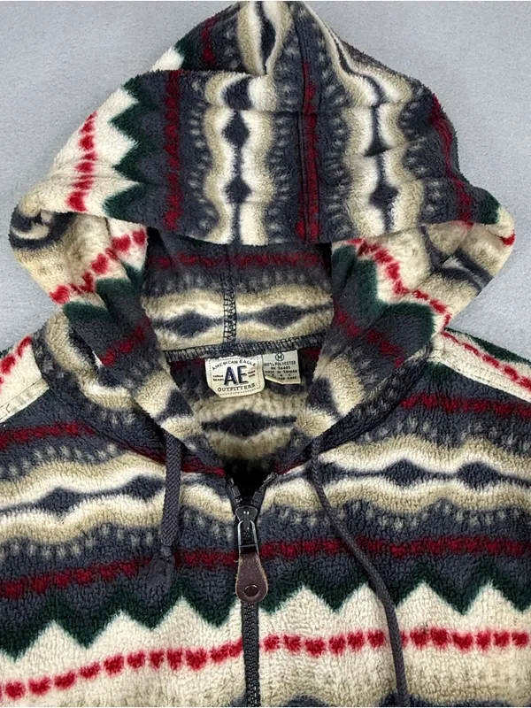 Vintage American Eagle Fleece Hoodie M Southwestern Fair Isle Y2K Full Zip - Image 2