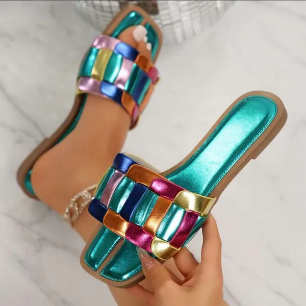Women’s Metallic Slide Sandals – Color Block Woven Strap, Flat Comfort - Image 4
