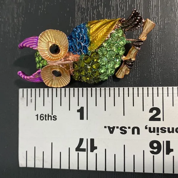 Multicolored Rhinestones Horned Owl Brooch - Image 3