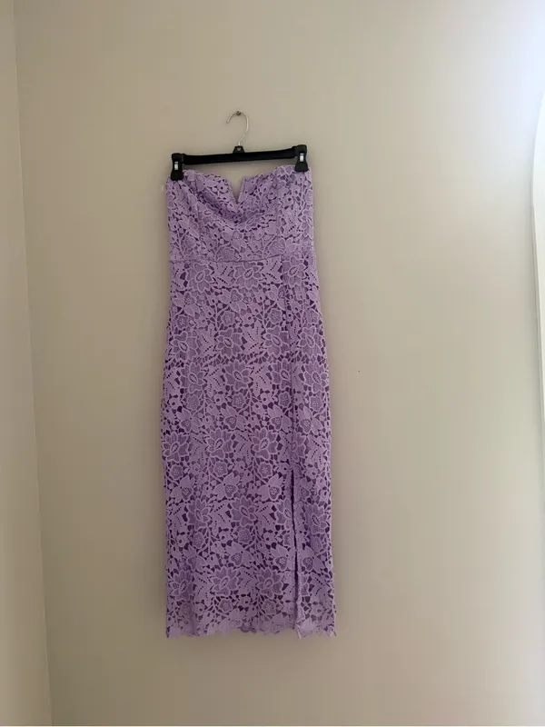 ASTR Lavender Strapless Lace Midi Dress with Side Slit - Image 3