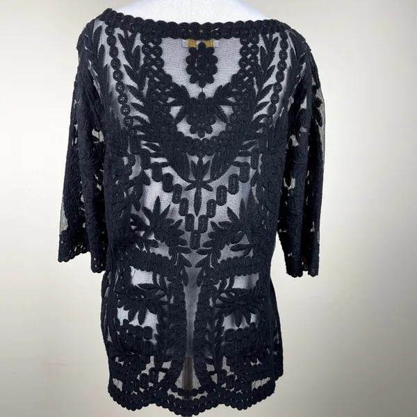 Laundry by Shelli Segal Blouse‎ Large Black Lace Brocade Over Mesh Scalloped Hem - Image 6